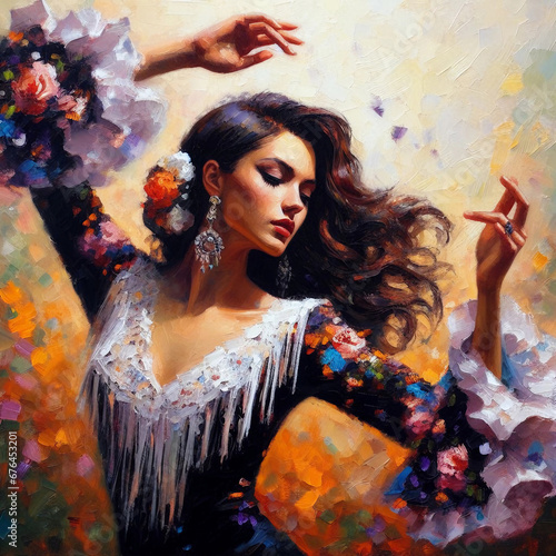 Oil painting artistic image of spanish woman dances passionate flamenco. Generative AI.	 photo