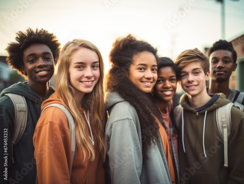 Teenagers of different races, enjoying each other's company and demonstrating that friendship transcends cultural and ethnic differences, show that friendship knows no borders