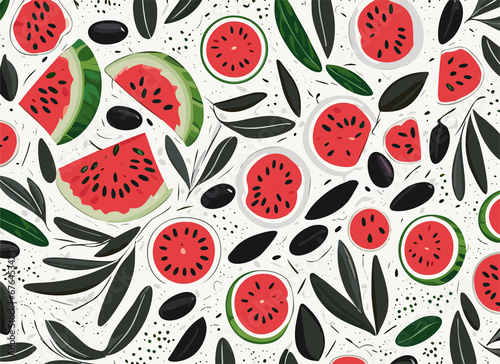 Pattern of water melon, olive leaves and fruits.