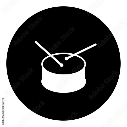 A drum symbol in the center. Isolated white symbol in black circle. Vector illustration on white background