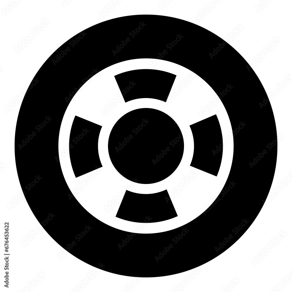 A lifebuoy symbol in the center. Isolated white symbol in black circle. Illustration on transparent background A lifebuoy symbol in the center. Isolated white symbol in black circle. Illustration on transparent background