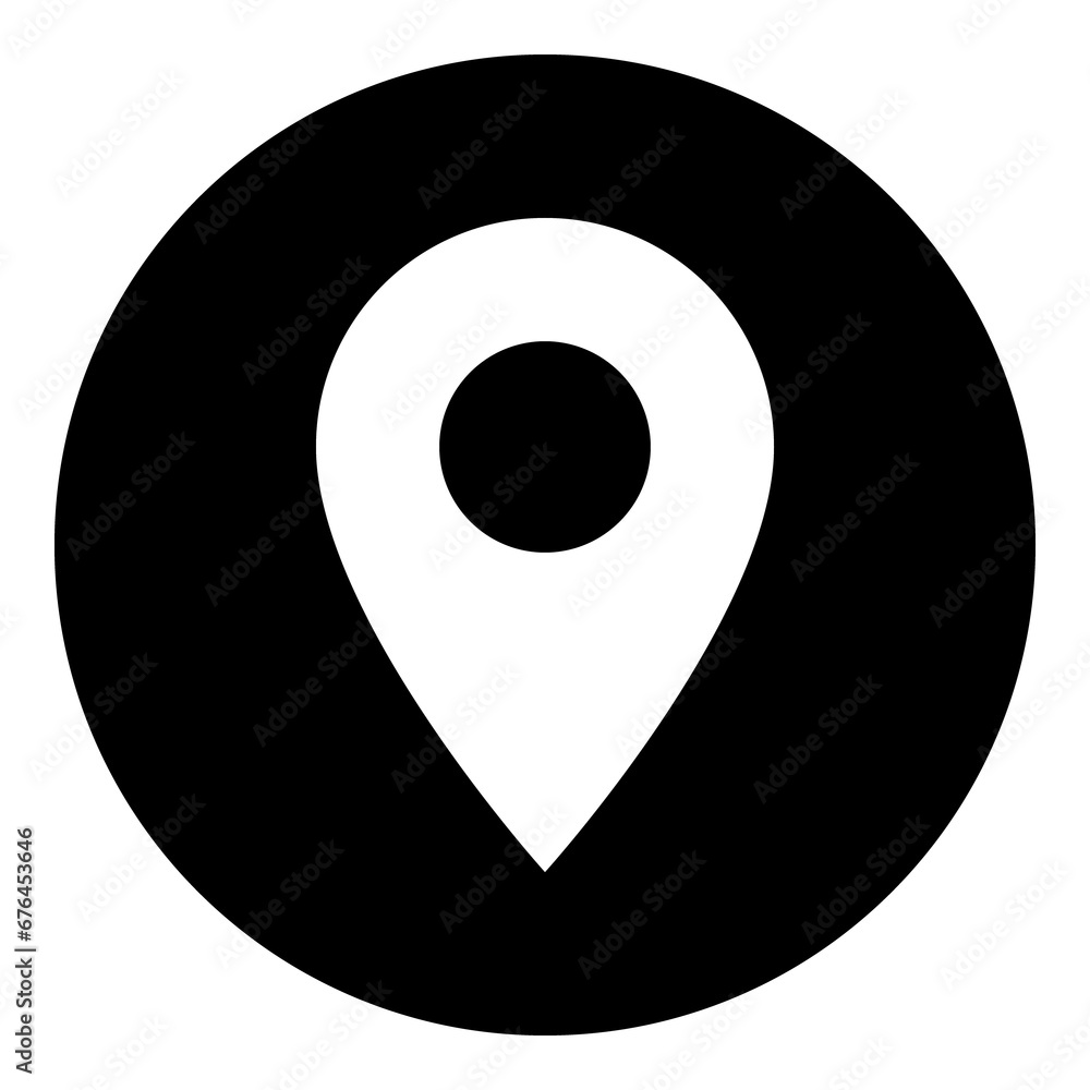 A location symbol in the center. Isolated white symbol in black circle. Illustration on transparent background A location symbol in the center. Isolated white symbol in black circle. Illustration on transparent background