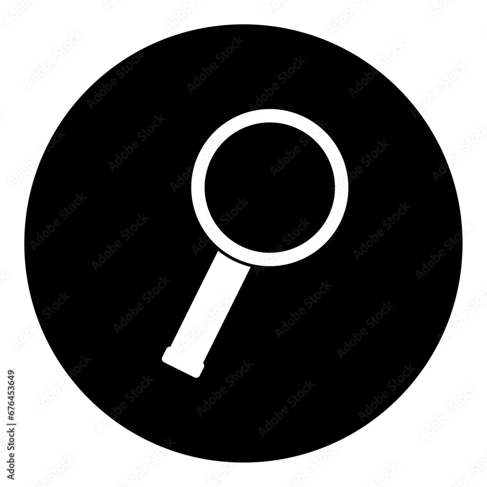 A magnifier symbol in the center. Isolated white symbol in black circle. Vector illustration on white background A magnifier symbol in the center. Isolated white symbol in black circle. Vector illustration on white background
