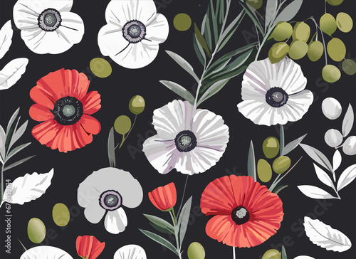 Wallpaper Mural Pattern of poppy, anemone flowers, olive fruits and leaves. Torontodigital.ca