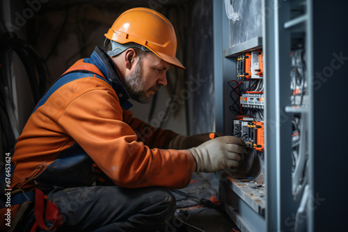 electrician working in a power station in a factory. installation of sockets and switches. Professional in overalls with an electrician's tool