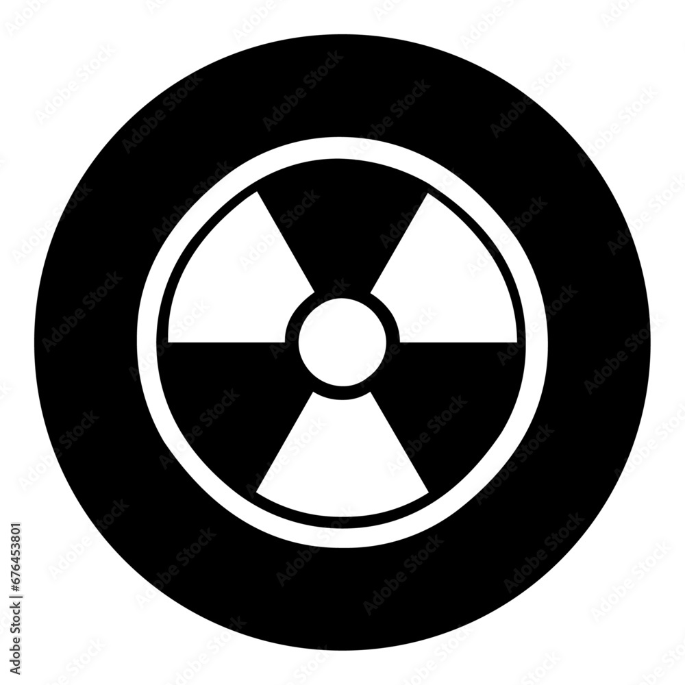 A radiation symbol in the center. Isolated white symbol in black circle. Vector illustration on white background A radiation symbol in the center. Isolated white symbol in black circle. Vector illustration on white background