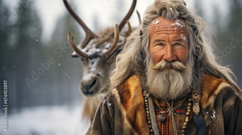 Sami man with arctic reindeers in background,A Swedish Sami reindeer herder in traditional clothing photo
