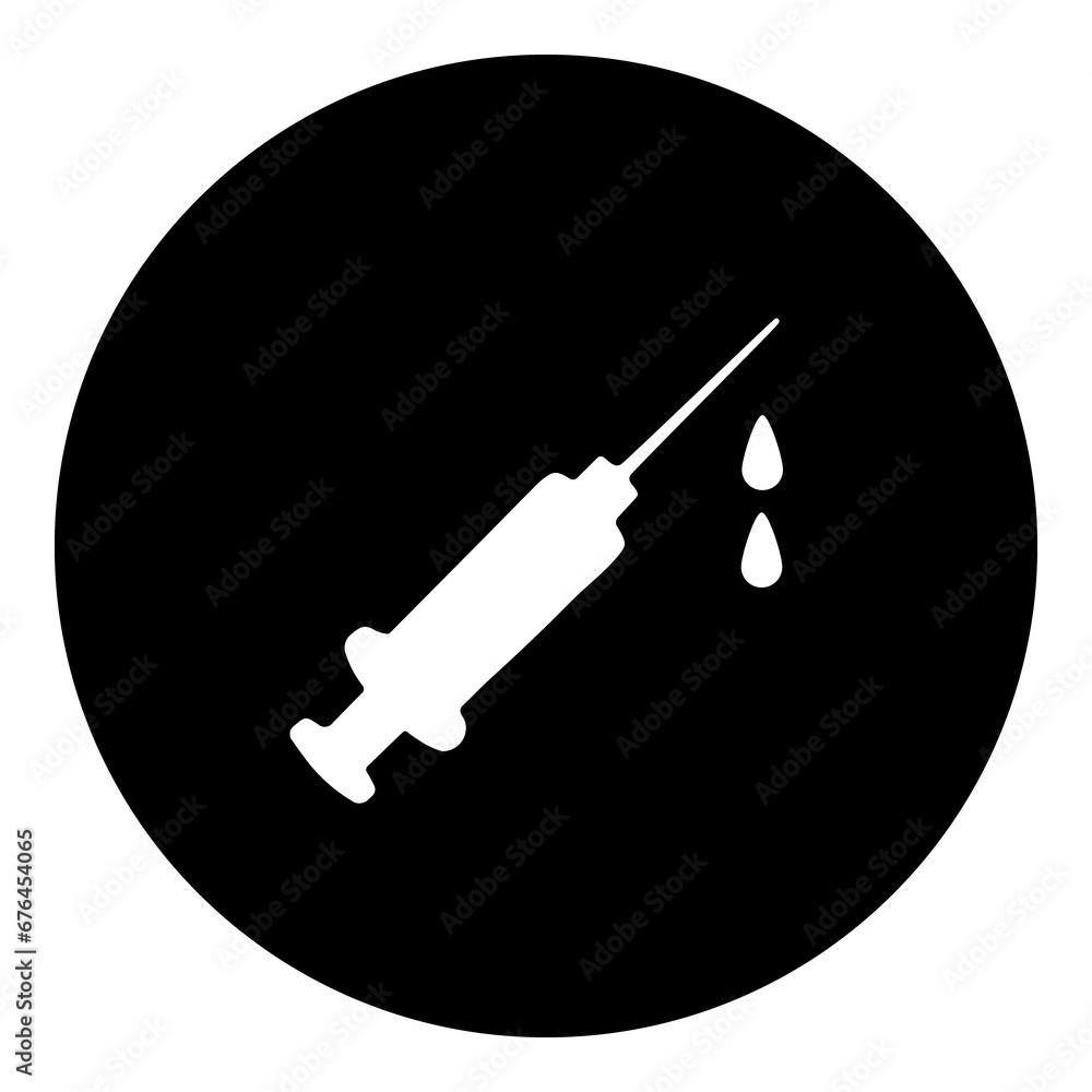 A syringe symbol in the center. Isolated white symbol in black circle. Illustration on transparent background A syringe symbol in the center. Isolated white symbol in black circle. Illustration on transparent background