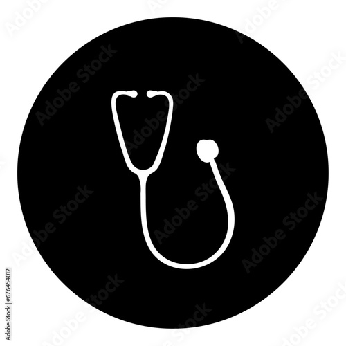 A stethoscope symbol in the center. Isolated white symbol in black circle. Vector illustration on white background