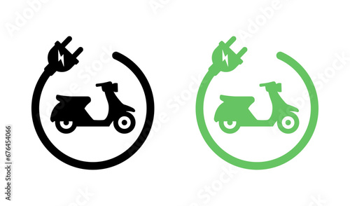 Electric Scooter Icon. Electric Motorcycle With Plug. Simple Scooter Moped Green Eco-Friendly Transportation. Delivery Bike. scooter Vector Illustration. Motorbike Silhouette