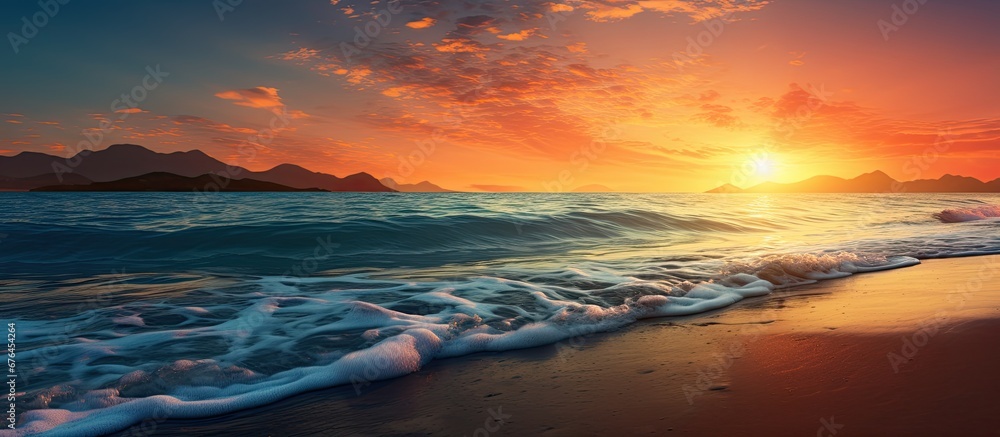 The beautiful sunset paints the sky with shades of orange and blue creating a breathtaking backdrop for the beach as gentle waves kiss the shore and the warm summer sun bathes the landscape - obrazy, fototapety, plakaty 