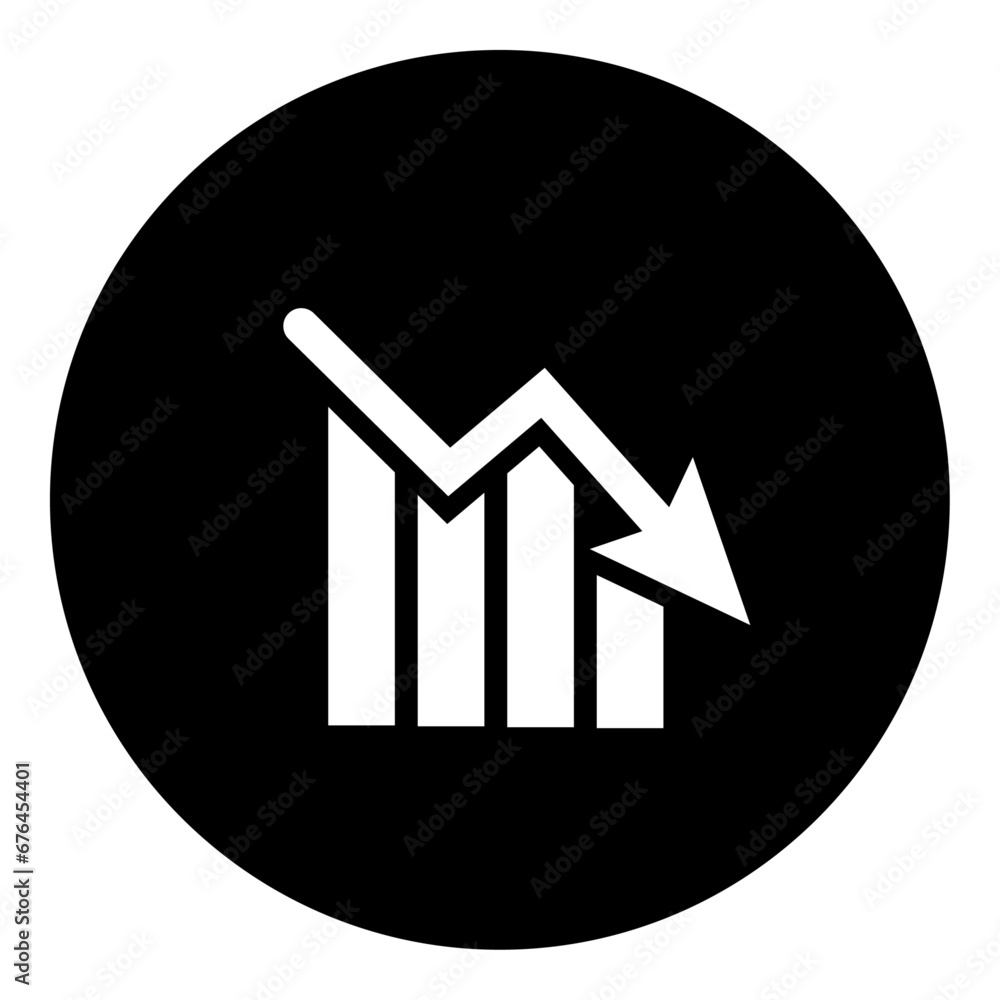 A chart down symbol in the center. Isolated white symbol in black circle. Vector illustration on white background A chart down symbol in the center. Isolated white symbol in black circle. Vector illustration on white background