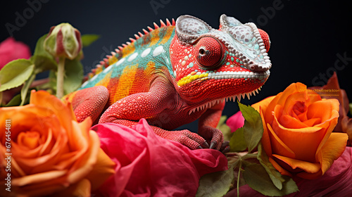 Chameleon on Flower - Colorful Reptile in Nature Close-Up © sunanta