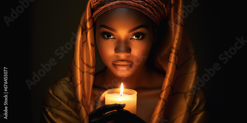 Candle illuminates beautiful black woman's face