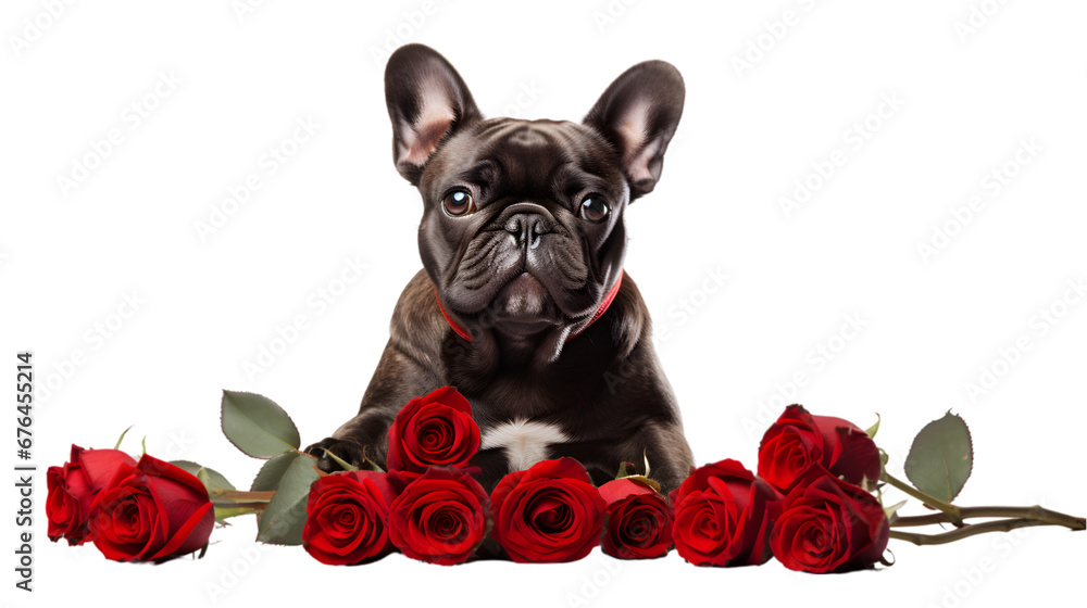 Cute Dog with Red Roses on transparent background