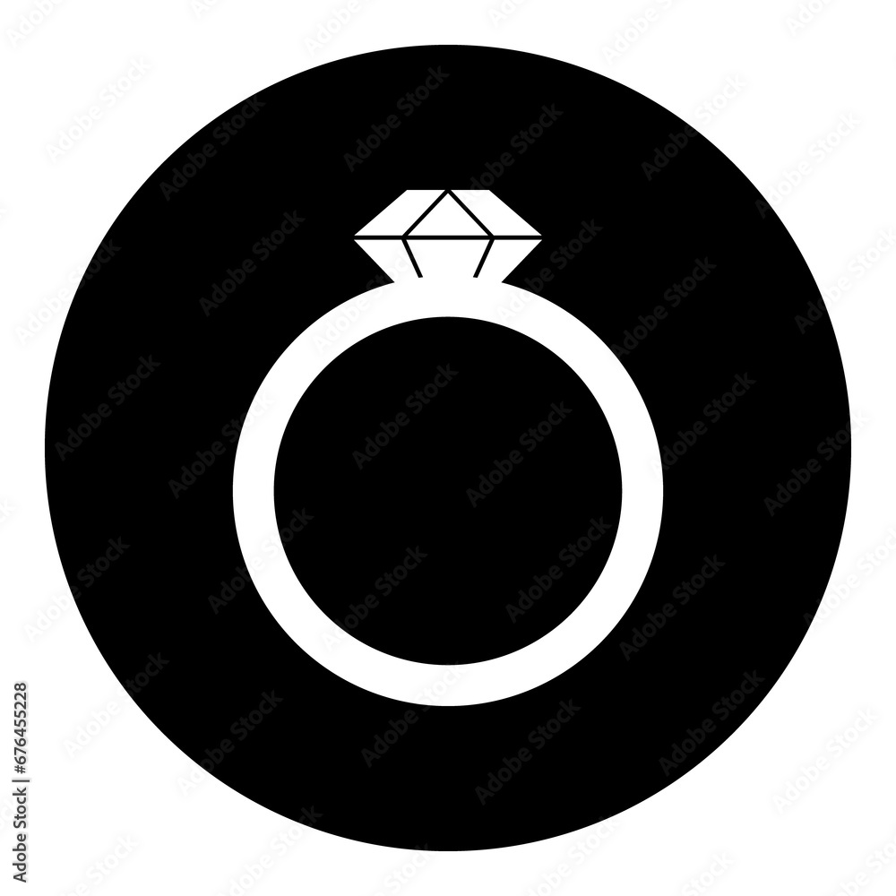 A diamond ring symbol in the center. Isolated white symbol in black circle. Illustration on transparent background A diamond ring symbol in the center. Isolated white symbol in black circle. Illustration on transparent background