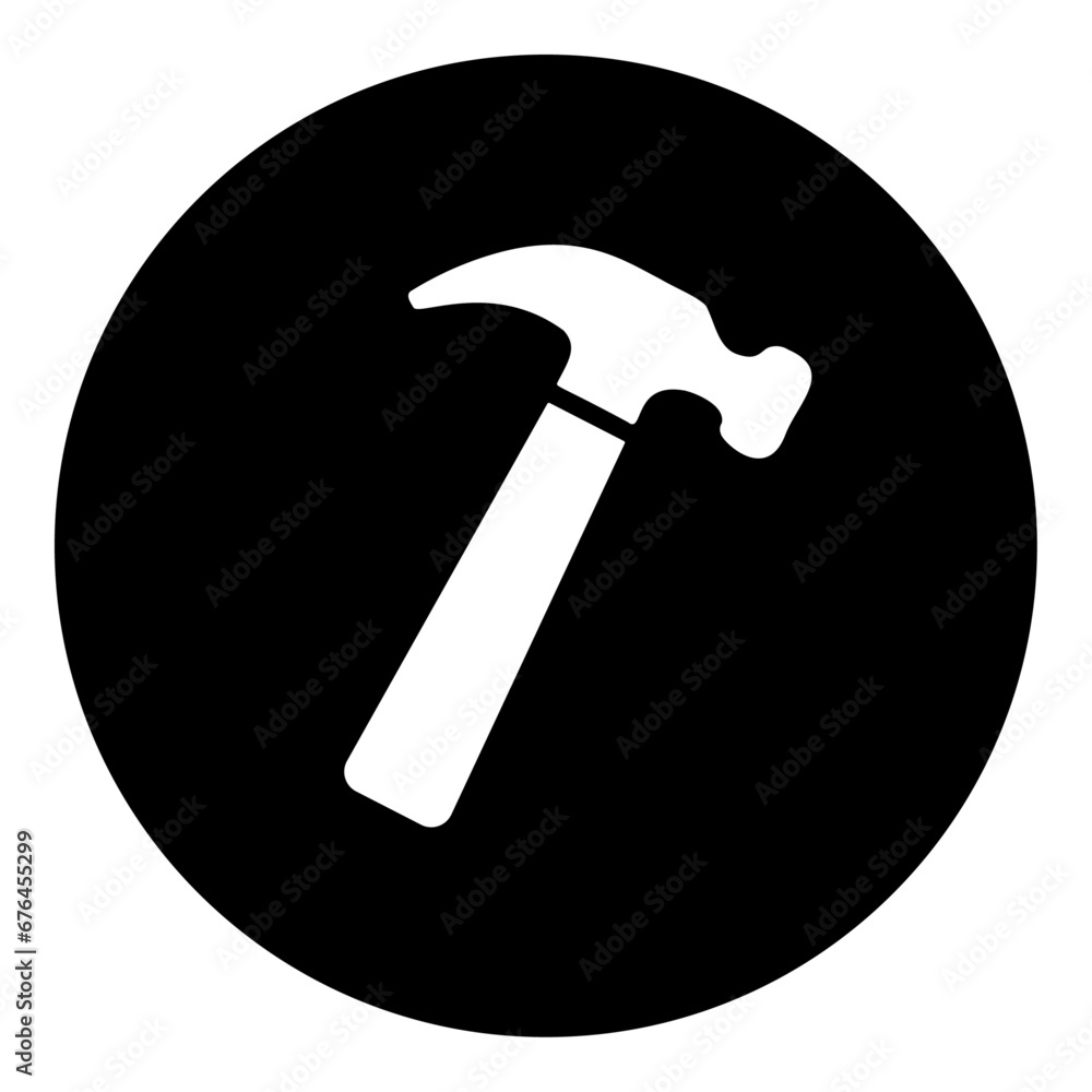 A hammer symbol in the center. Isolated white symbol in black circle. Vector illustration on white background A hammer symbol in the center. Isolated white symbol in black circle. Vector illustration on white background