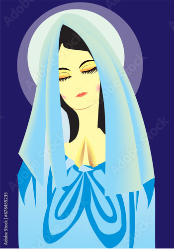 composition with the Virgin Mary in a blue dress and veil,