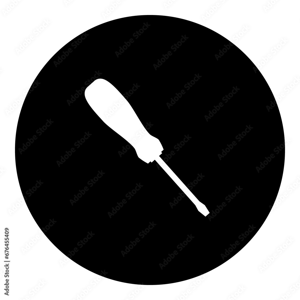 A screwdriver symbol in the center. Isolated white symbol in black circle. Illustration on transparent background A screwdriver symbol in the center. Isolated white symbol in black circle. Illustration on transparent background