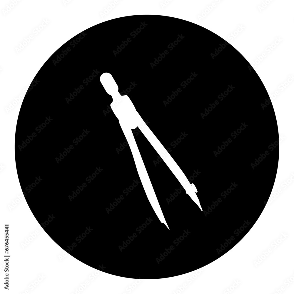 A compass divider in the center. Isolated white symbol in black circle. Vector illustration on white background A compass divider in the center. Isolated white symbol in black circle. Vector illustration on white background
