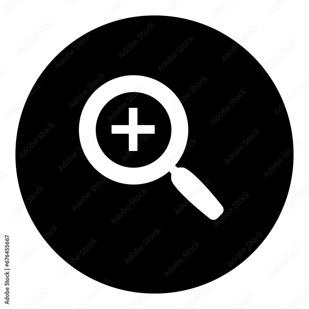 A zoom in symbol in the center. Isolated white symbol in black circle. Illustration on transparent background A zoom in symbol in the center. Isolated white symbol in black circle. Illustration on transparent background