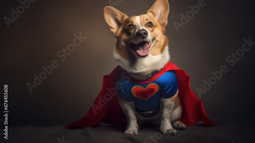 A Dog's Superpower. studio photo shot of Pembroke Welsh Corgi dog in a superhero outfit.  © Bartek