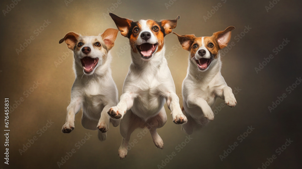 photo of 3 cute Jack Russell Terrier dogs, jumping to catch treats on an isolated dark background. 