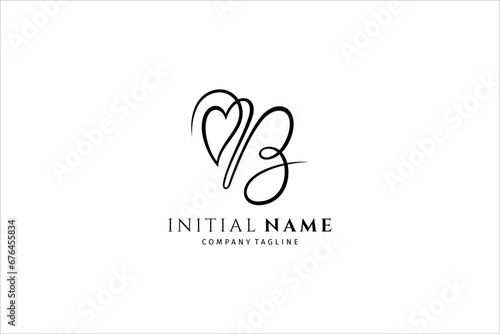 Letter B handwritten logo template with love or heart shape decoration. Initial signature vector
