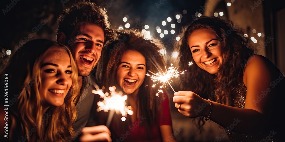 Friends celebrate Christmas or New Years party with sparklers. Group of happy people enjoying party with fireworks. Winter holiday, youth, lifestyle concept.