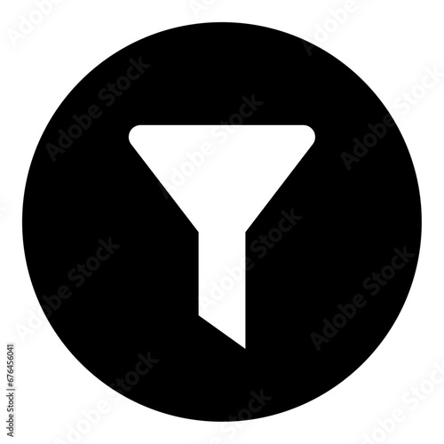 A funnel symbol in the center. Isolated white symbol in black circle. Vector illustration on white background