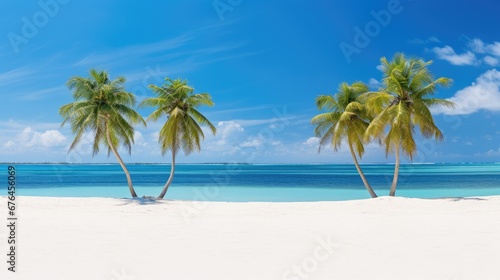  three palm trees on a beach with the ocean in the backgroound and a blue sky in the backgroound.  generative ai © Oleg