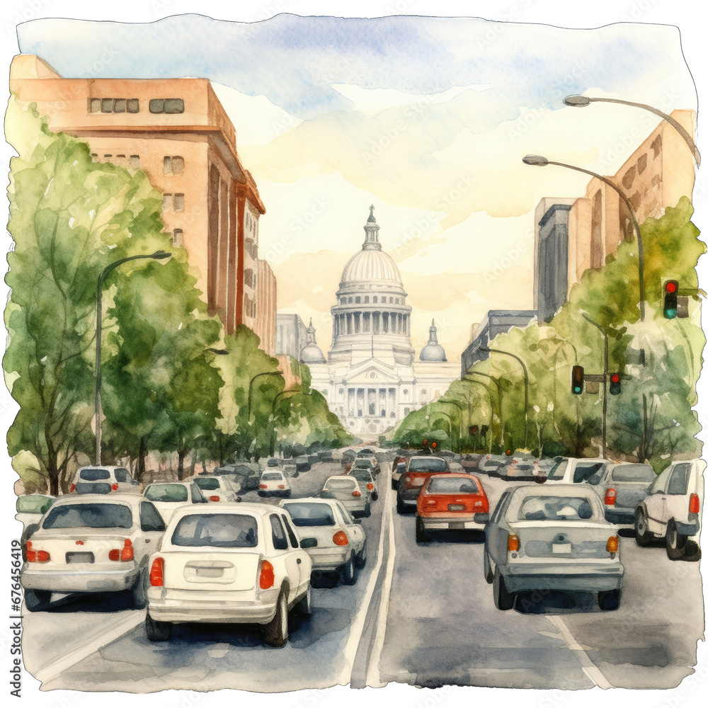 Washington DC city street scene - watercolor illustration