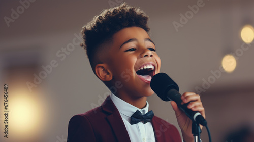 Happy young boy singing into microphone photo