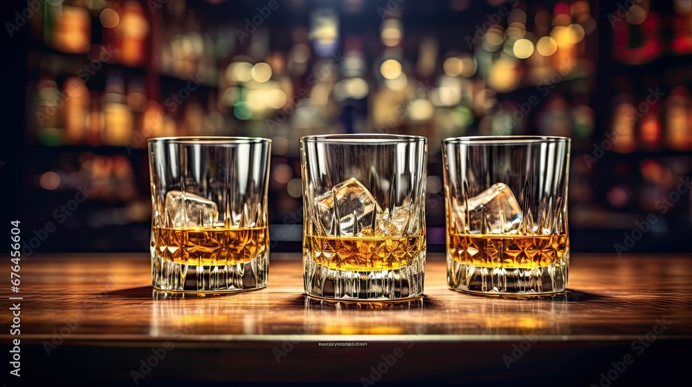 three glasses of whiskey sit on a table in front of a blurry background ...