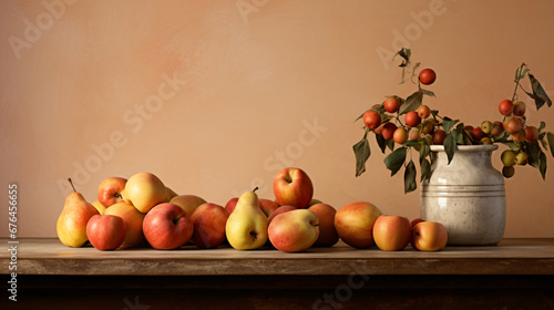 autumn fruits like apples and pears  elegantly arranged on a muted terracotta background  ensuring a cozy and seasonal visual appeal with expansive open space