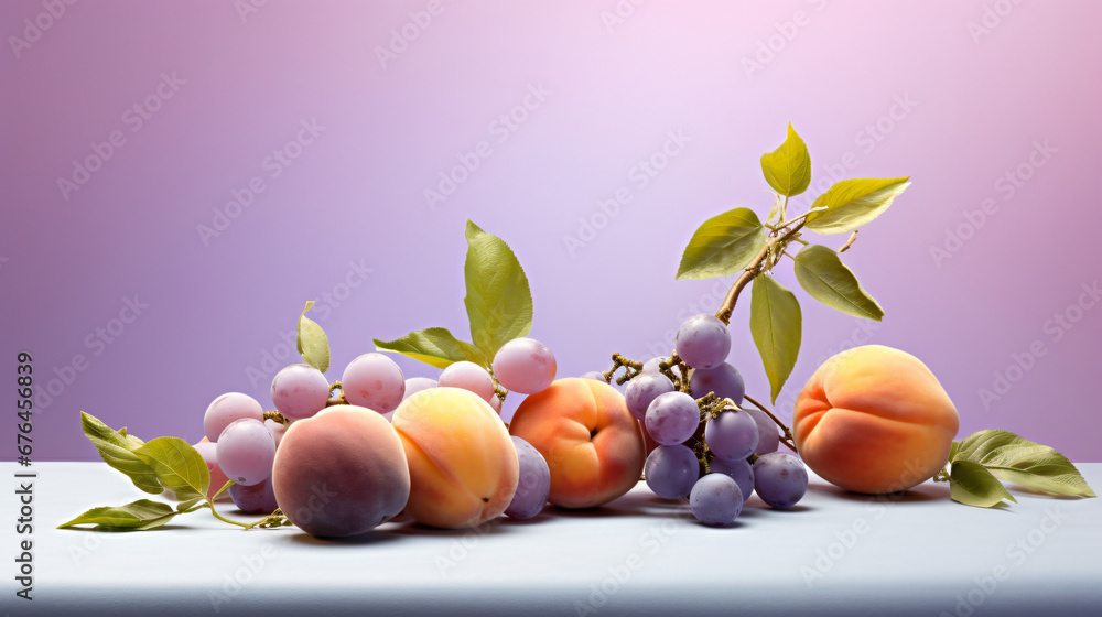 a selection of pastel-colored fruits, such as plums and apricots, arranged on a soft lavender background, creating a calming and visually pleasing backdrop for presentations a selection of pastel-colored fruits, such as plums and apricots, arranged on a soft lavender background, creating a calming and visually pleasing backdrop for presentations
