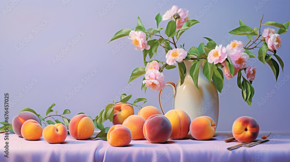 a selection of pastel-colored fruits, such as plums and apricots, arranged on a soft lavender background, creating a calming and visually pleasing backdrop for presentations