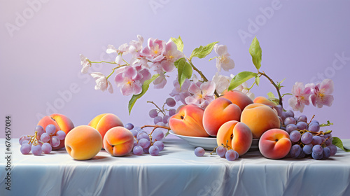 a selection of pastel-colored fruits  such as plums and apricots  arranged on a soft lavender background  creating a calming and visually pleasing backdrop for presentations