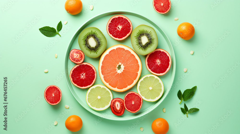 oranges, and kiwis arranged on a cool and calming mint green background, with ample open space for a visually pleasing presentation oranges, and kiwis arranged on a cool and calming mint green background, with ample open space for a visually pleasing presentation
