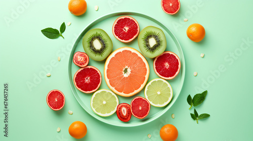 oranges, and kiwis arranged on a cool and calming mint green background, with ample open space for a visually pleasing presentation
