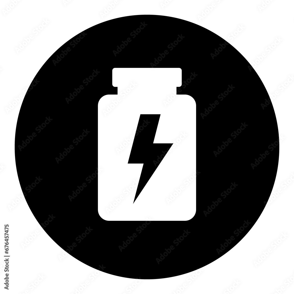 A power jar symbol in the center. Isolated white symbol in black circle. Illustration on transparent background A power jar symbol in the center. Isolated white symbol in black circle. Illustration on transparent background