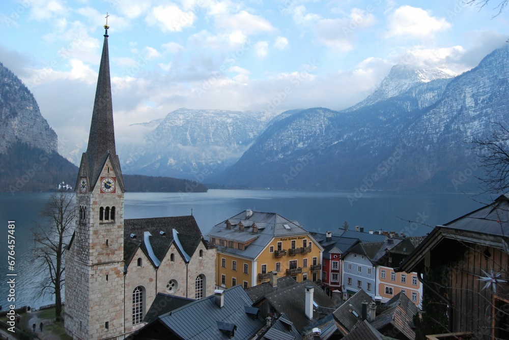 Hallstatt winter city view