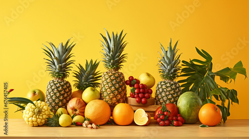 mixed tropical fruits  like pineapples and passion fruit  on a lively coral background  creating a visually striking and dynamic backdrop for presentations