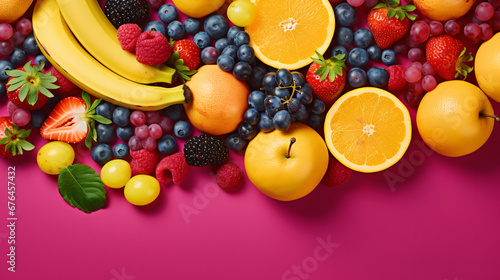 mixed fruits  like bananas  grapes  and blueberries  on a bright pink background  ensuring a lively and visually engaging backdrop for presentations