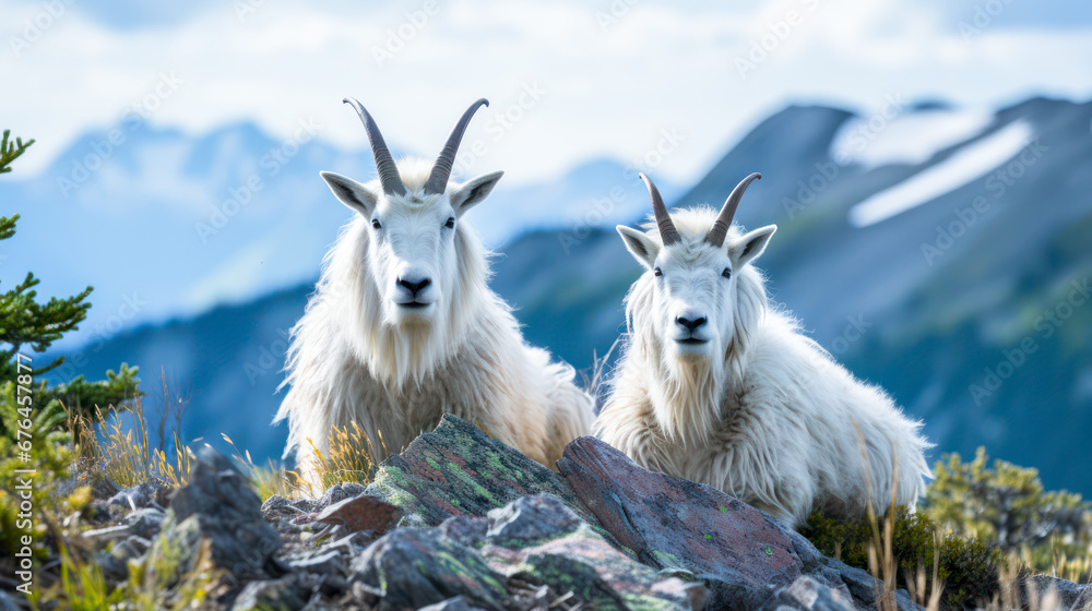 Obraz premium Two mountain goats resting on peak with mountains behind