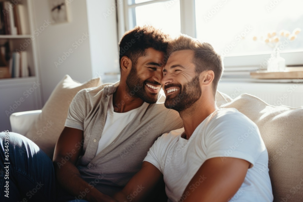 A gay couple having fun on the couch at home A gay couple having fun on the couch at home