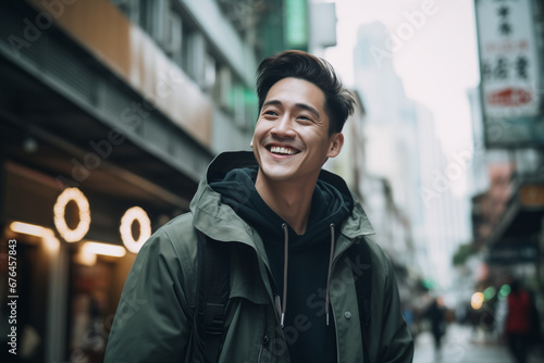 Asian man smiling and posing for a photo in the city, lifestyle portrait