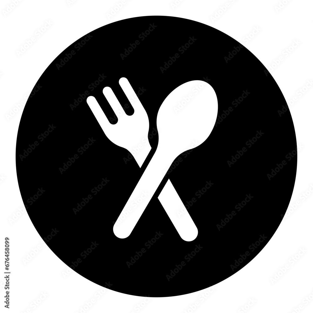 A dinner time symbol in the center. Isolated white symbol in black circle. Vector illustration on white background A dinner time symbol in the center. Isolated white symbol in black circle. Vector illustration on white background