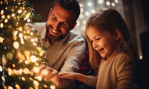 Happy parent helping their daughter decorate the house christmas tree, smiling young girl enjoying festive activities concept, having fun, wonderful time on traditional Christmas winter evening