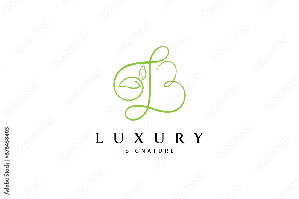 B initial letter signature logo with leaves shape variation. Handwriting logo template vector